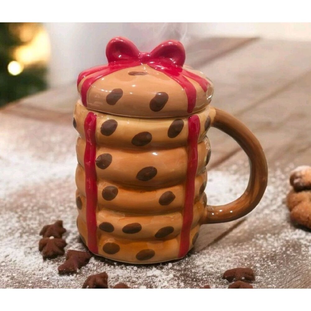 New Santa Chocolate Chip Cookies Stacked W/ Bow Handle Coffee Tea Mug W/ Lid